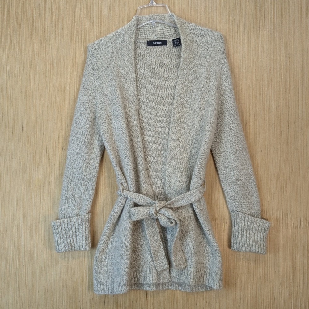 Express Sweater Cardigan Womens XS Knit Belted Wool Mohair Blend Minimalist Chic